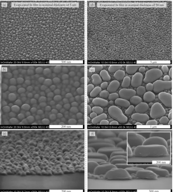 Figure  2.2  SEM  images  showing  the  microstructures  of  indium  thin  films  evaporated  on  Si  wafer  with native oxide: (a-c) SEM images of In thin film with nominal thickness of ~5 nm, tilt angle of 75°  in (c); (d-f) SEM images of In thin film wi