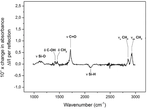 Fig. 23 – ATR-FTIR spectrum of amorphous silicon layer grafted with undecylenic acid,  referred to the hydrogenated surface in HF vapor