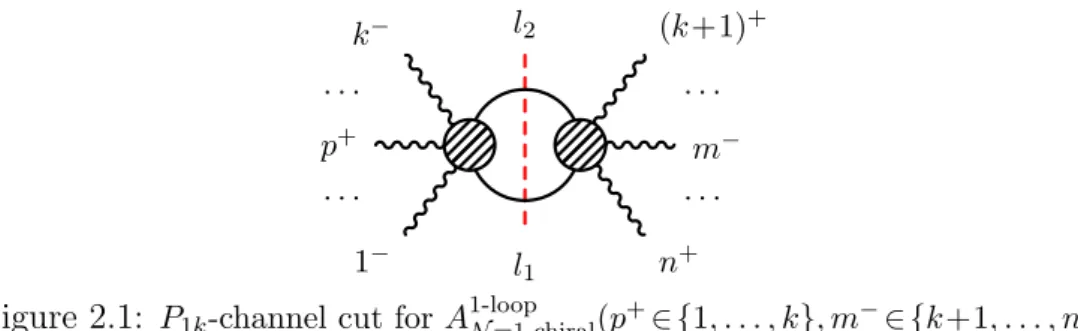 Figure 2.1: P 1k -channel cut for A 1-loop N =1 chiral (p + ∈{1, . . . , k}, m − ∈{k+1, 