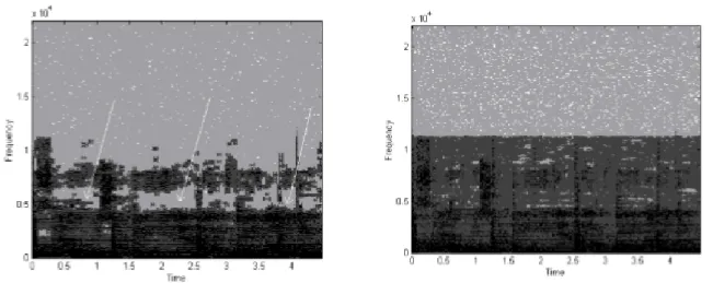 Figure 2.12: Spectrogrammes obtenus après avoir modifié la boucle d'allocation de bits pour éviter les vallées spectrales  (Version décompressée à gauche et version modifiée à droite) 