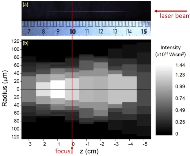 Figure 2.5: (a) Image of the filament luminescence taken by a CCD camera. (b) Measured laser intensity distribution along the filamentation area