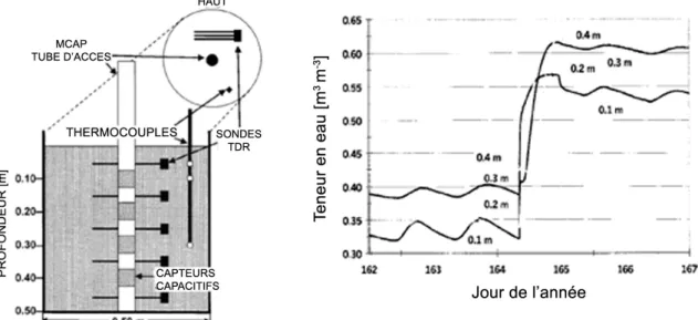 Figure  1.6 : Schéma (non à l'échelle) montrant la position relative des capteurs de température et de  teneur en eau dans chaque colonne de sol (gauche)