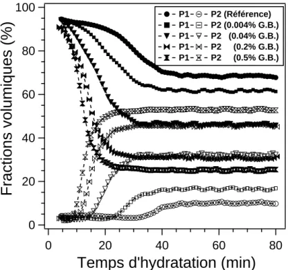 Figure II-16 Evolution cinétique des fractions volumiques P 1  et P 2  au cours de la texturation  des pâtes de plâtre (e/p=0.8) préparées avec des ajouts croissants de gypse broyé (G.B.,  pourcentages massiques).