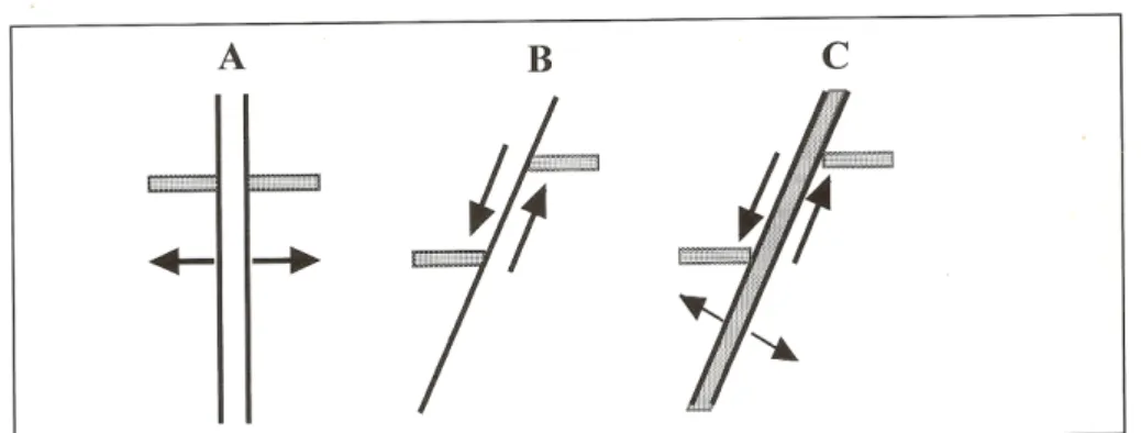 Figure 1.1. Les types cinématiques des discontinuités : A) joints, B) failles, C) failles  dilatants (Mandl G., 2005) 