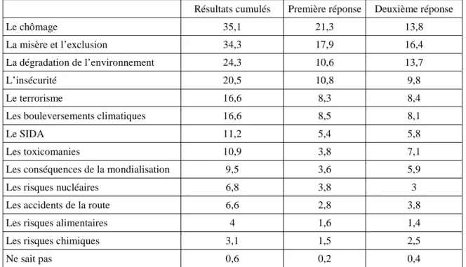 Tableau 5 : classement des préoccupations des Français fin 2006 (en %) 
