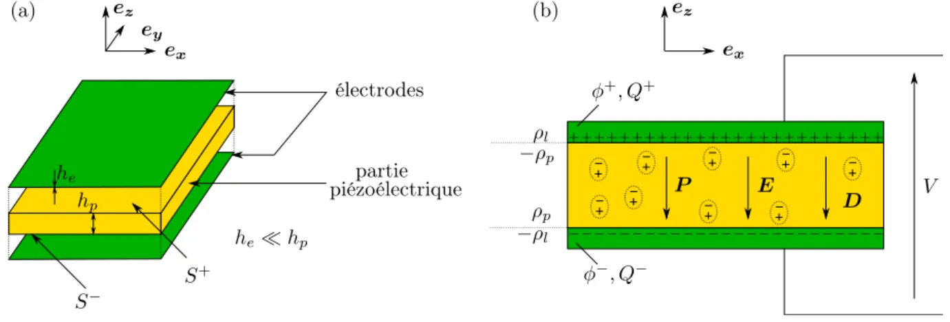 Figure 2.5 – (a) Schématisation de la disposition du patch piézoélectrique (diélectrique) et des électrodes (conductrices)