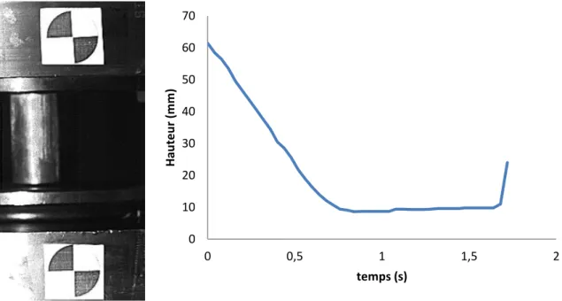 Figure  20  (à  gauche)  Image  extraite  d'une  vidéo  de  compression  uniaxiale  sur  presse  hydraulique