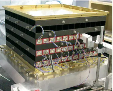 Figure 2.6 Image d’un module du calorim`etre lors de la mise en place des barreaux dans la structure en epoxy (noir).