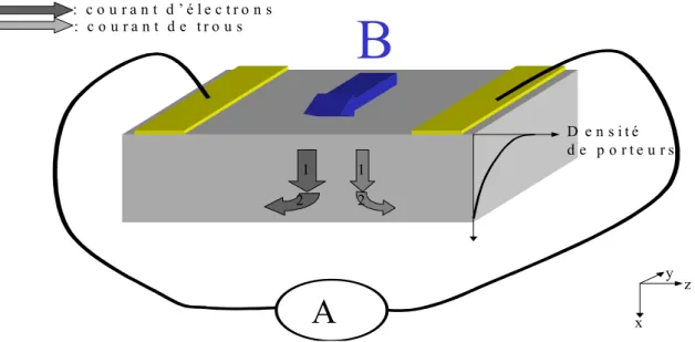 Figure 3.19 : géométrie du photoconducteur et configuration des courants et du champ  magnétique dans l’effet photo-magnéto-électrique