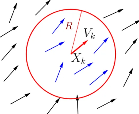 Figure 1: The neighbors of the k-th particle located at X k with velocity V k (red arrow)