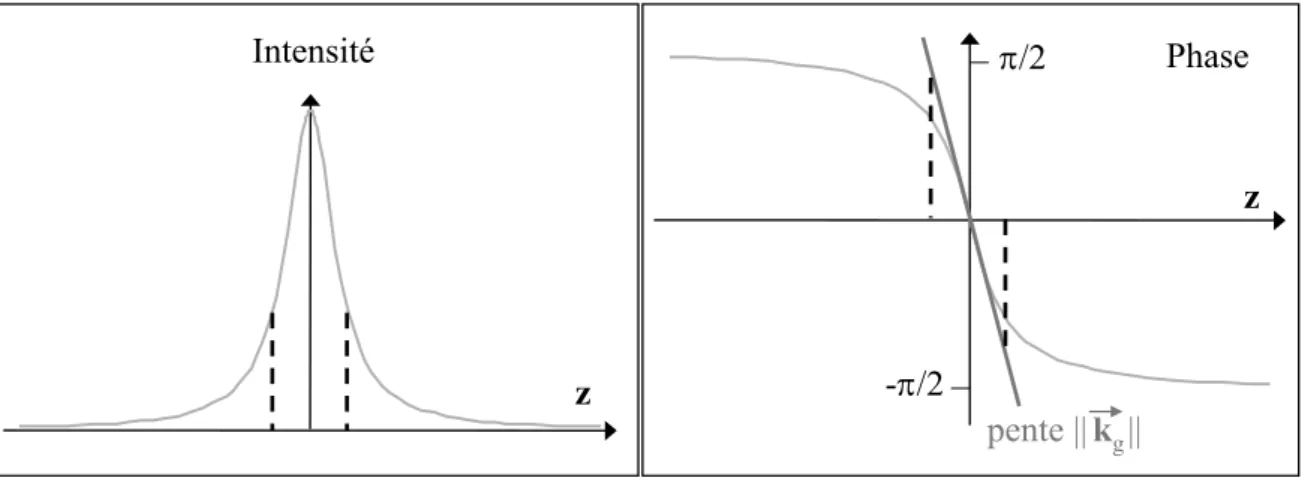 Fig. 2.4 – Intensit´ e et phase du faisceau excitateur selon l’axe de propagation (simulation).