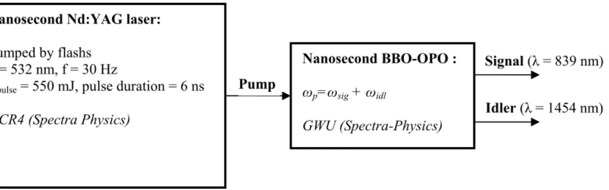 Figure 2.1 Description of the nanosecond laser system used to induce temperature jump