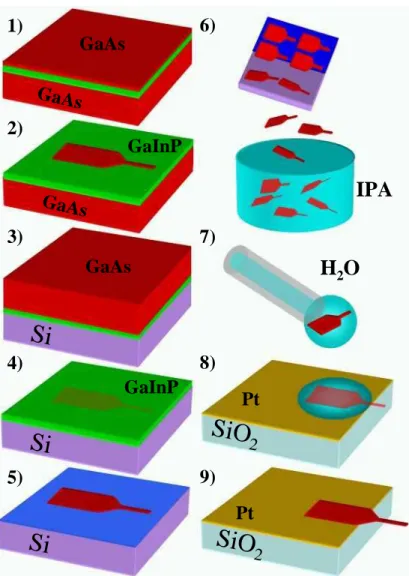 Fig.  3.12:  Fluidic  assembly  process  sequence  for  the  fabrication  of  the  hybrid  MEMS  microcantilevers:1) Epitaxial growth of a GaAs/GaInP heterostructure; 2-6) free pre-patch GaAs definition;  7-9) Fluidic manipulation and assembly onto a Pt-co