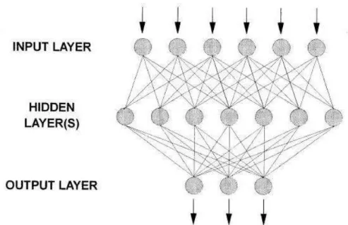 Fig. 0-30 Schematic drawing of a typical multi-layered artificial neural network, after [Meier, 1995]