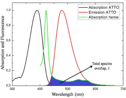 Figure 2.2: Normalized absorption (black) and emission (red) spectra of ATTO-390; normalized absorption of the heme (green)