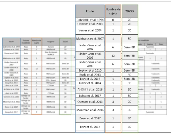 Figure 12 : Etat de l'art, nombre de sujets et type de modèle. 