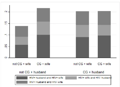 Figure 3 shows the distribution of the couples for whom at least one member is infected with HIV, according to the level of schooling (some college and less than college) of the two spouses