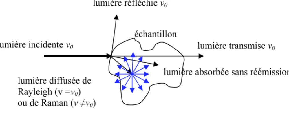 Figure 1-1 :  Représentation schématique des diffusions Rayleigh et Raman. 