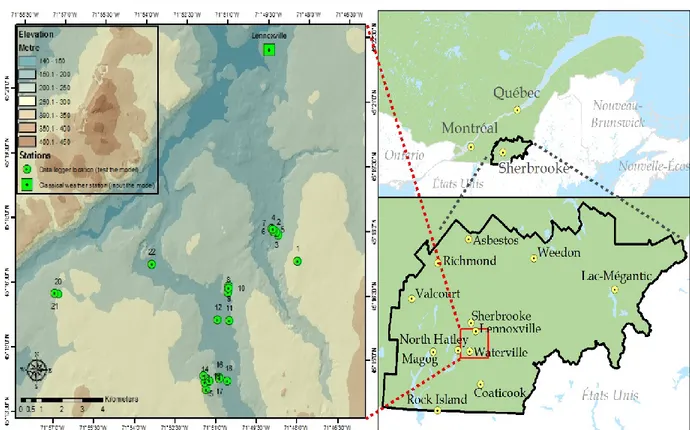 Figure 3.1 Location of the study site Coaticook River valley (Compton area). Position of weather station for the input  data (square) and validation of the results (circles) are identified