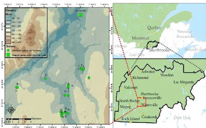 Figure 3.1 Location of the study site Coaticook River valley (Compton area). Position of weather station for the input  data (square) and validation of the results (circles) are identified