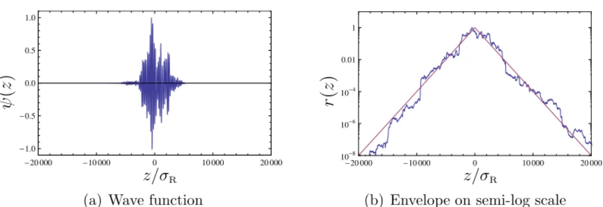 Figure 1.5: Wave function amplitude (a) and envelope (b) of a localized state, obtained by numerical solution of the Schr¨odinger equation (1.10)