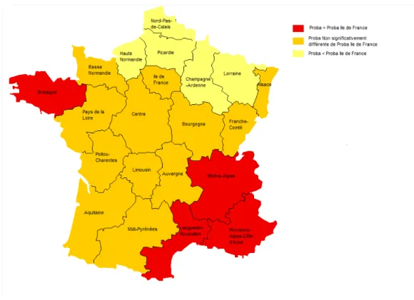 Graphique 3 : Localisation géographique des médecins à faibles niveaux de revenus (résultat des estimations du modèle (1) - référence : région Ile de France)