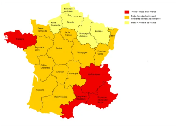 Graphique 3 : Localisation géographique des médecins à faibles niveaux de revenus (résultat des estimations du modèle (1) - référence : région Ile de France)