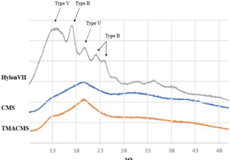 Figure 4. X-ray diffraction patterns of Hylon VII, CMS, and TMACMS. The diffractograms of CMS  and TMACMS exhibit larger less-ordered zones (V-type), whereas the more crystalline zones  (B-type) are decreased