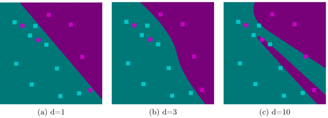 Figure 2.1: SVM classification in R 2 with a polynomial kernel, depending on the