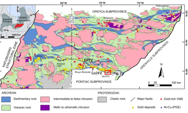 Figure 1.1 Geological map of the Abitibi greenstone belt showing the distribution of  the main deposits