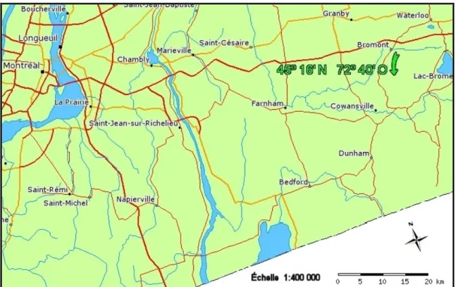Figure 2.1 : Localisation du bassin versant du lac Bromont (adapté de Ressources naturelles  du Canada, 2006)