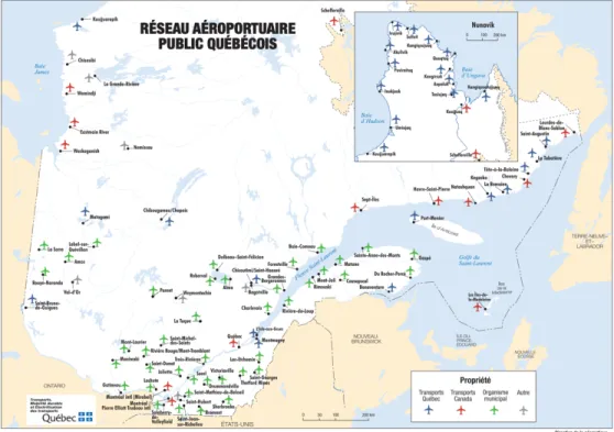 Figure 1.2 Réseau aéroportuaire public québécois (Transport Québec, 2020b).  Les  municipalités  sont  également  des  acteurs  bien  présents  dans  l’écosystème  aéroportuaire