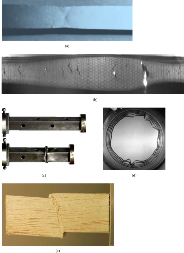 Figure 1.1: Some examples of localization of deformation: a) local necking in form of shear bands in a metal strip under quasistatic tension b) localized necking under high strain rate tension  (electro-magnetically expanding Al 6061-O tube test ( Zhang an