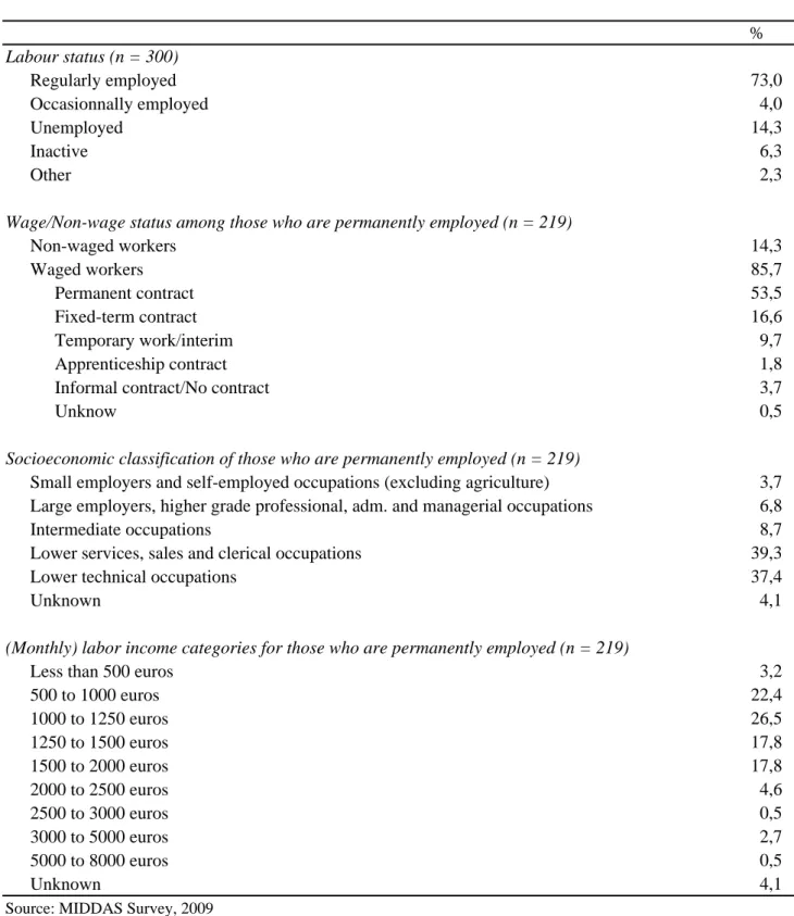 Table 3 - Migrants' labor status and income % Labour status (n = 300) Regularly employed 73,0 Occasionnally employed 4,0 Unemployed 14,3 Inactive 6,3 Other 2,3