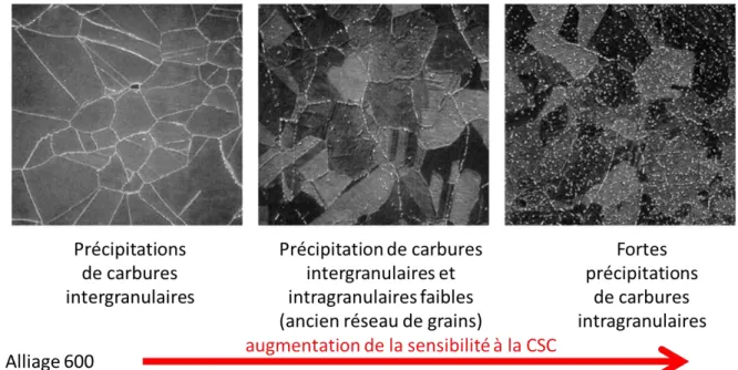 Figure 2.5. Effet de la précipitation des carbures sur le comportement à la CSC de l’Alliage  600 d’après [Leonard, 2010] 