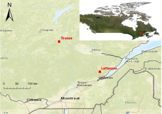 Figure 1.6: Location of the two study areas (red squares) in the Quebec province,  Canada