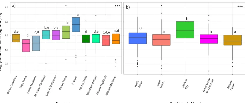 Figure 1: Total biomass means (± SE) across ecozones (a) and continental divides (b).  Note that the y-axis scale varies between panels