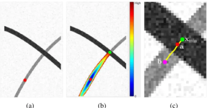 Fig. 5. (a) Two tubular structures crossing each other. The red dot indicates the source point