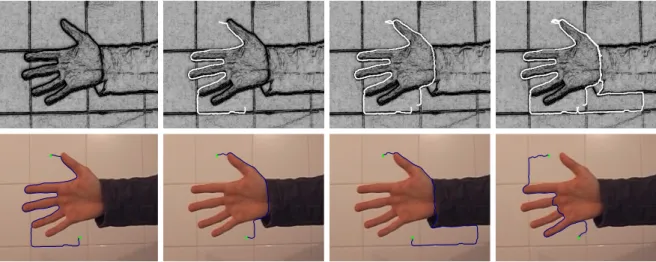 Figure 4: Successive potential maps P j (top row) and corresponding admissible paths γ ·, j (bottom row) given two endpoints.