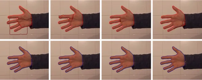 Figure 5: Robustness of contour extraction with respect to vertices locations: all admissible paths (top row) and selected contour (bottom row).