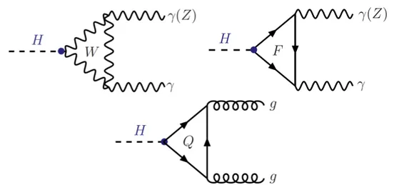 Figure 1.5: Loop induced decays of the Higgs boson. F denotes a heavy charged fermion while Q is a heavy quark