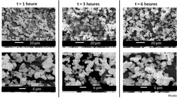 Fig. 1.12 – Images MEB des grains de LAP à diﬀérents temps de recuit. (Images société