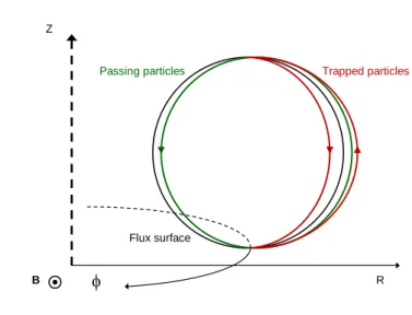Figure 2.6: Poloidal cut of a tokamak plasma. In green, a sketch of a passing particle trajectory; in red, of a trapped particle