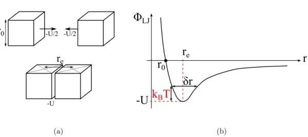 Figure I.1.1 – Mod´ elisation de l’interaction entre deux mol´ecules : (a) 2 mol´ecules en interaction s’attirent, (b) Potentiel d’interaction φ LJ entre deux mol´ecules 