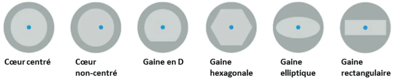 Figure  1.8  Schéma  de  fibres  à  double  gaines  pour  différentes  formes  de  gaines  (zones  en  gris  clair)  maximisant  le  recouvrement de la pompe sur la zone dopée (le cœur en bleu)