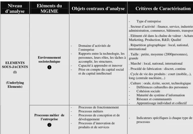 Tableau 1 Les éléments constitutifs de MGIME: les éléments sous-jacents 