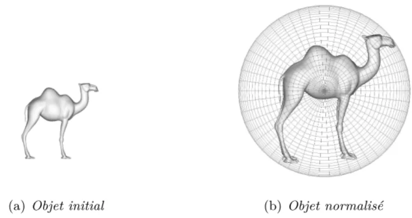 Figure 4.5 – Exemple d’un objet, (a) , normalisé par sa sphère minimale englobante (b) 