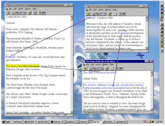 Figure 1.4 : Système Xanadu (réalisations de spécifications publiées en 1972).  Les liens adhèrent au contenu même lors du déplacement des fenêtres à l’écran ou du 
