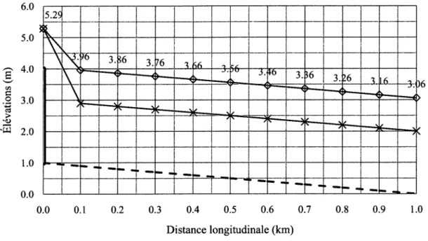 Figure 3.7 Profil d'écoulement avec les niveaux d'eau maximums lors des simulations