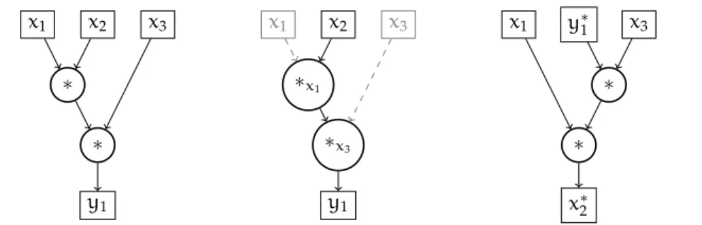 Figure 3.4: A circuit over a commutative ring, its linearization for ` = {x 2 } (scalar